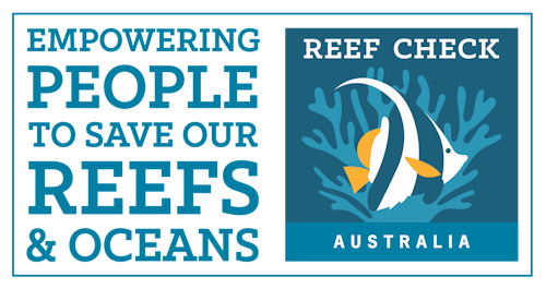Empowering people to save our reefs and oceans, REEF CHECK AUSTRALIA, logo shows anel fish in coral