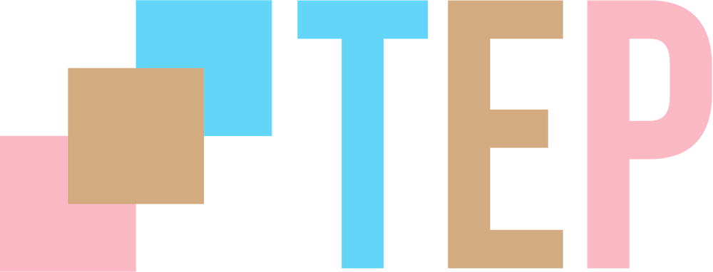 pink square, brown square, blue square staggard next to the letters T, E, and P