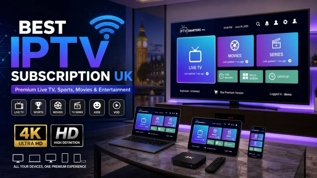 Split-screen comparison showing a live football match streamed in 4K on the left and a movie selection screen on the right from the same IPTV service