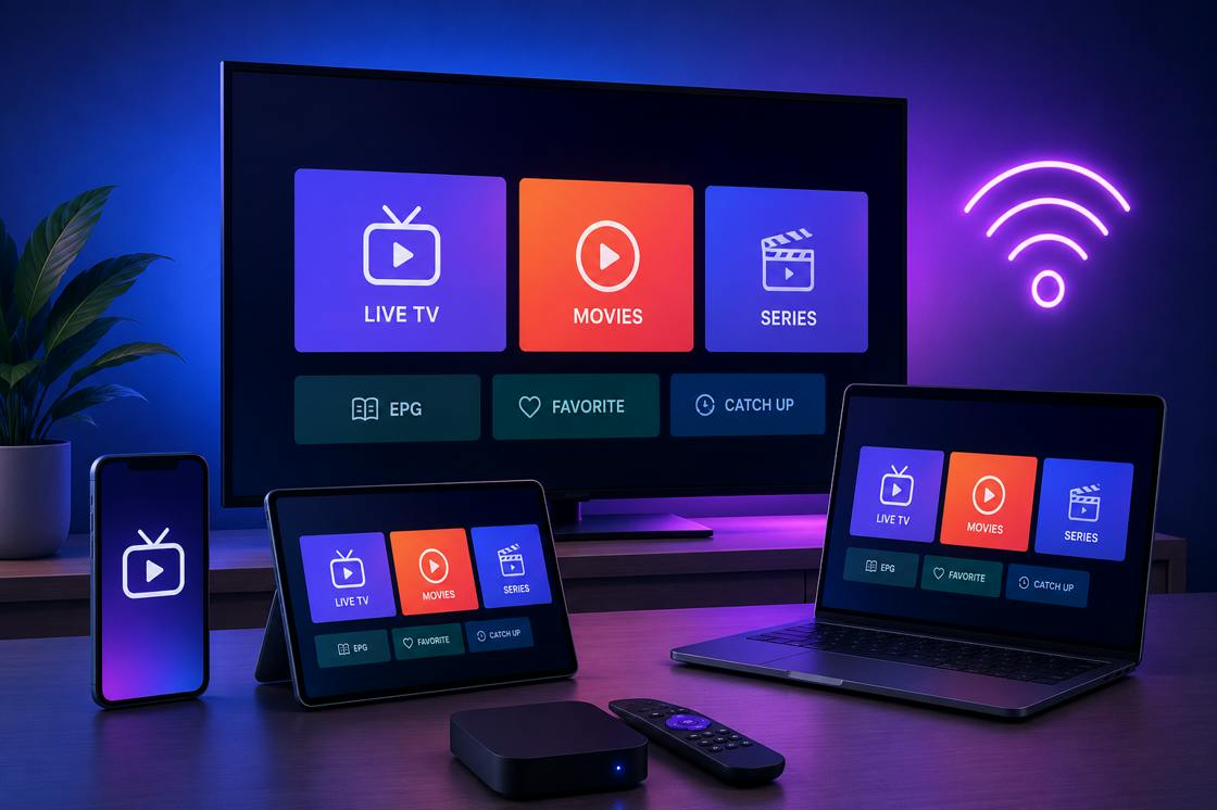 Diagram showing IPTV box connecting to internet router, VPN and TV