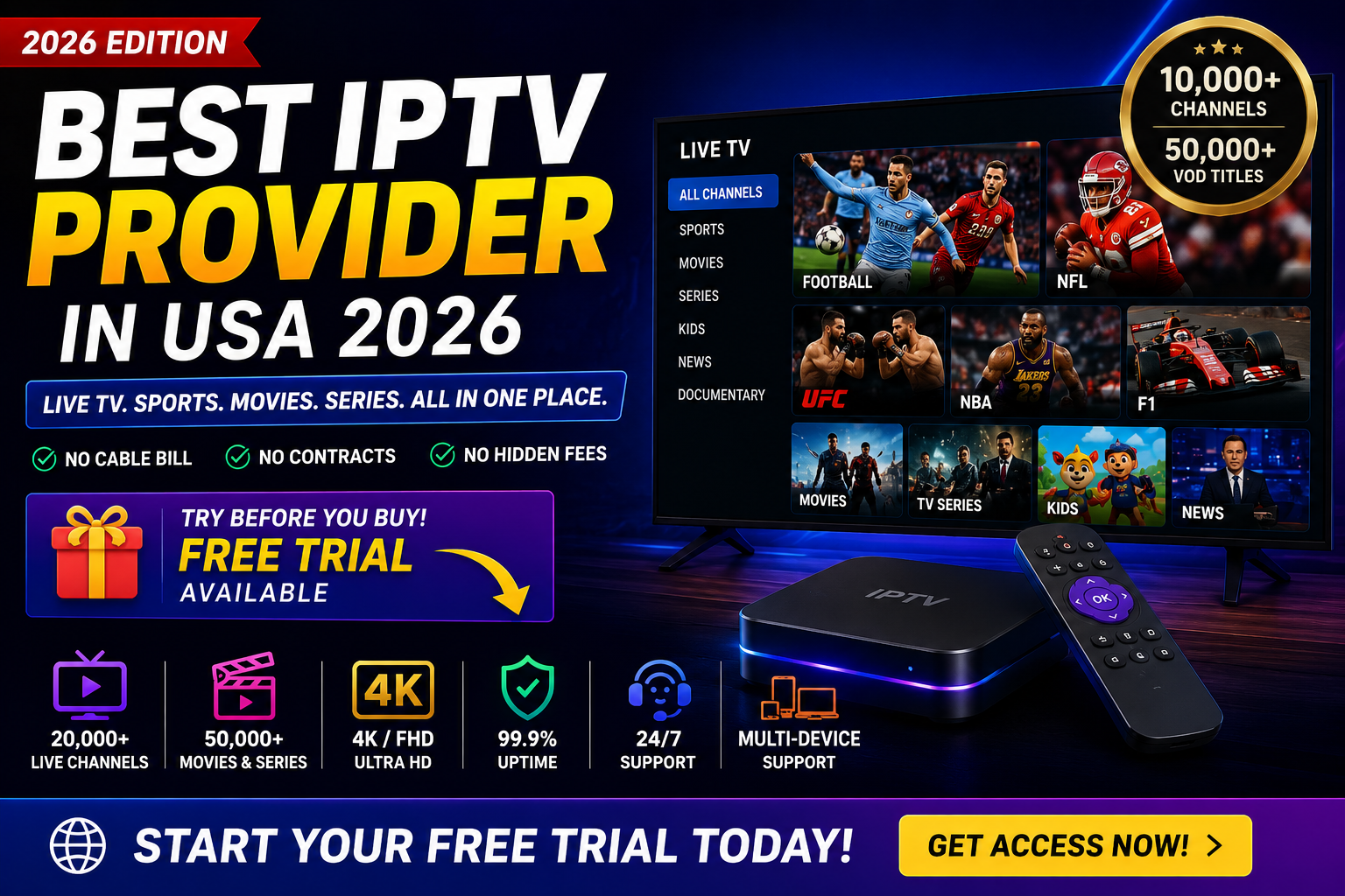 Collage of popular live sports, movies, and news available on IPTV services.