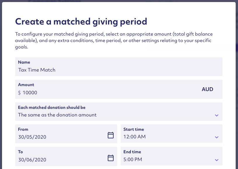 How to create a matched giving period.
