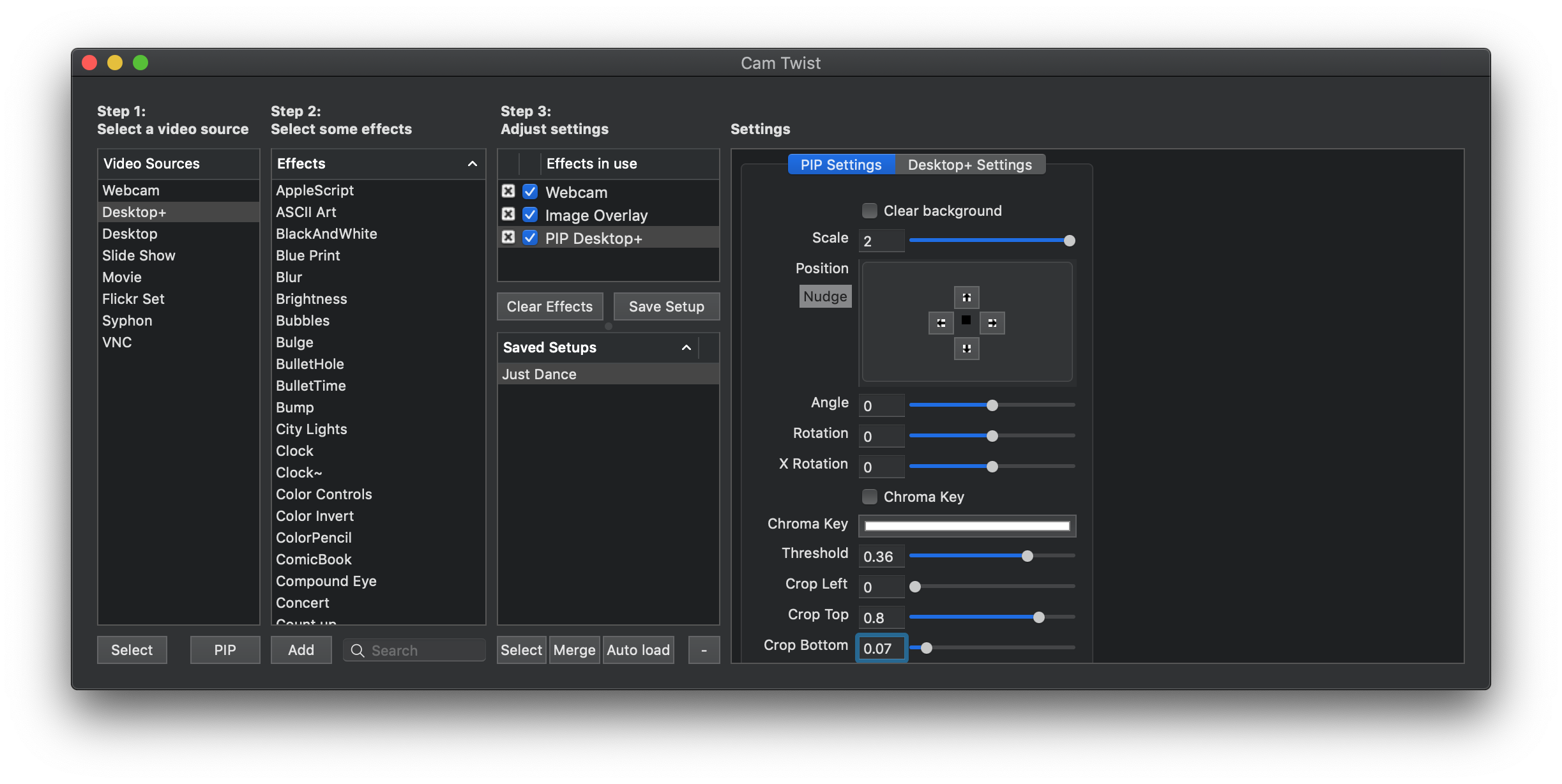 PIP settings in CamTwist.